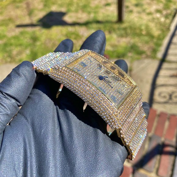 Full Iced Gold PT/ White Gold PT Hip Hop Rectangle Luxury Stylish Quartz Watch - Picture 9 of 16